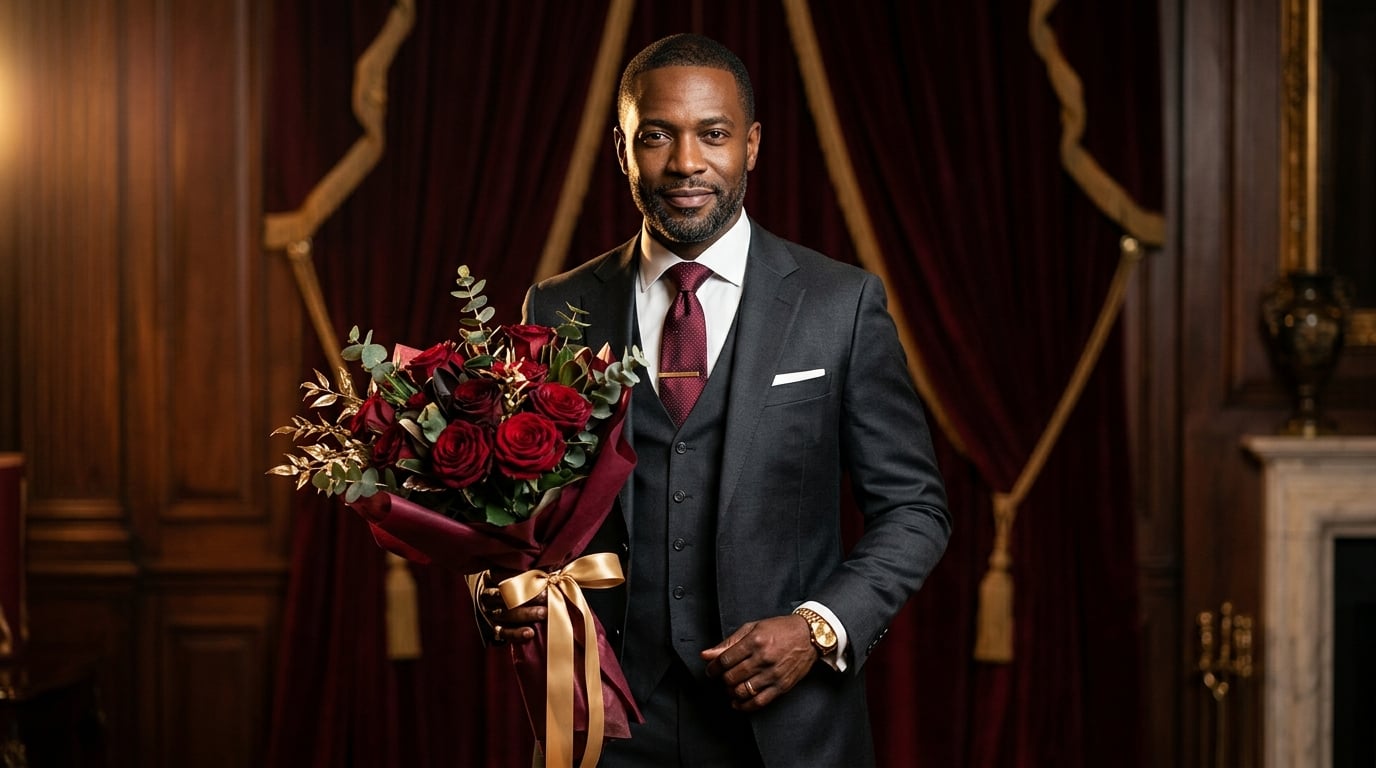 Homem negro elegante de fato social com buquê de rosas vermelhas — Programa Homens de Valor